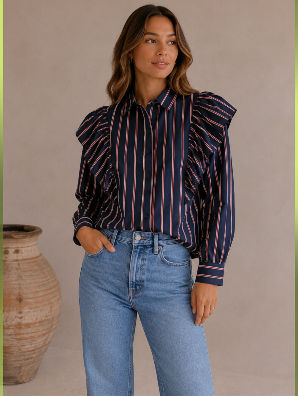 Pixie Market Button Down Poplin Statement Shirt Stripe Ruffled Shoulder Small